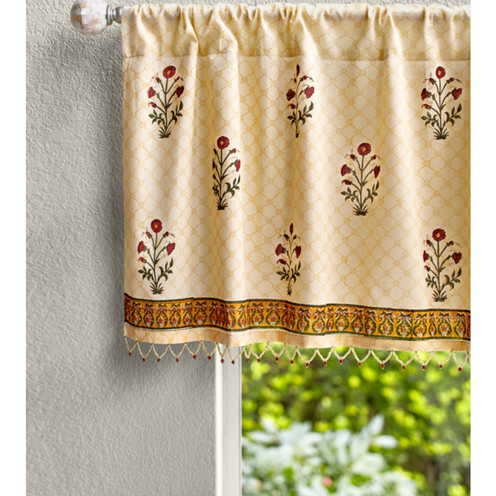 Red poppy sheer beaded window valance